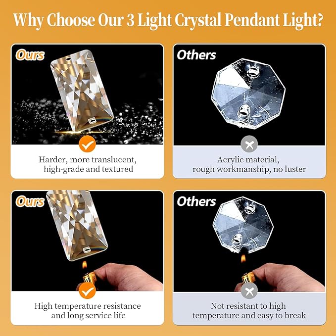 Modern Gold Crystal Pendant Light Fixture - 3-Light Adjustable Hanging Lamp for Kitchen Island, Dining Room, Living Room & Bedroom | Dimmable, Quick Install Farmhouse & Industrial Pendant Lighting