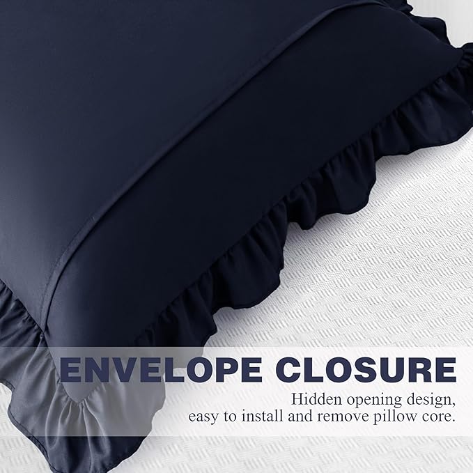 KKJIAF Ruffle Pillow Cases 24x24 Inches, Navy Blue Square Ruffled Pillow Covers Set of 2, Microfiber Wrinkle Resistant Pillow Shams with Envelope Closure for Sofa Bed Living Room