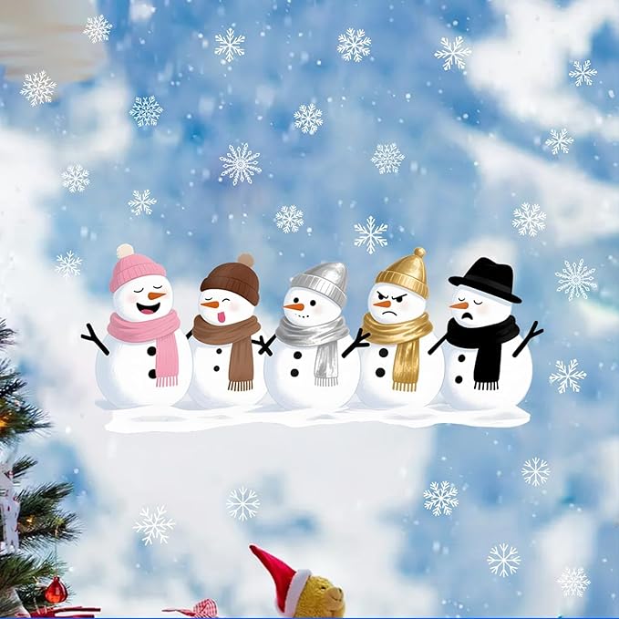Snowman Wall Decals for Winter | Peel and Stick Christmas Decorations – Removable Holiday Snowflake Wall Stickers for Home, Living Room, Windows, Office, or Seasonal Décor – 5 Snowmen Design