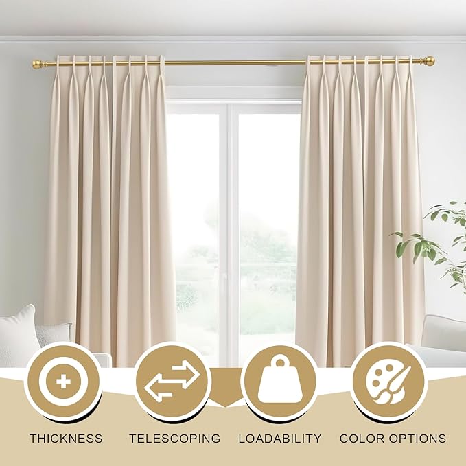 Curtain Rods - 1" Diameter, 32-48" Standard Decorative Window Curtain Rod Set with Brackets for Bathroom, Kitchen, Bedroom - Gold