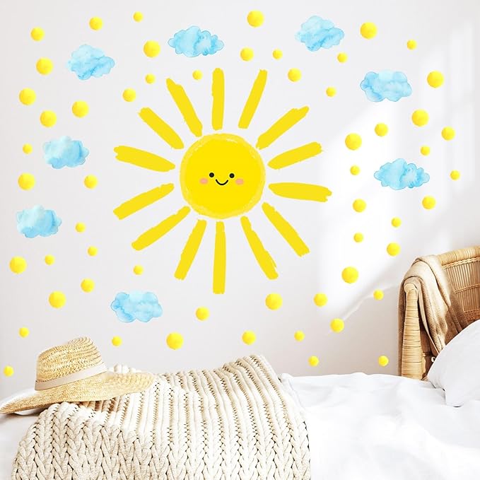 Sun Wall Decals Watercolor Cloud Wall Stickers for Kids Room, 12 Sheets Large Sun Cloud Wall Decor Posters Polka Dots Wall Stickers Home Decorations for Girls Room Bedroom Play Room