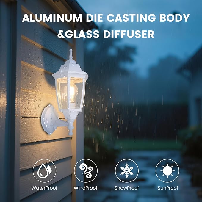 Photocell-Controlled Outdoor Wall Light – Die-Cast Aluminum & Glass Water-Resistant Exterior Fixture, Wet Location Rated, E26 Base (60W Max) for Porch, Garage, Garden(White)