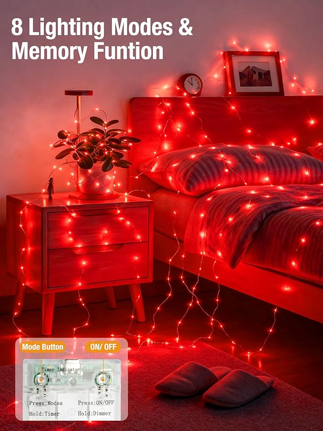 btfarm Fairy Lights Battery Operated with Timer 8 Modes, 16.4 FT 50 LED Silver Wire Twinkle String Lights Battery Powered Dimmable Waterproof for Indoor Home Party Wedding Christmas Decor, Red