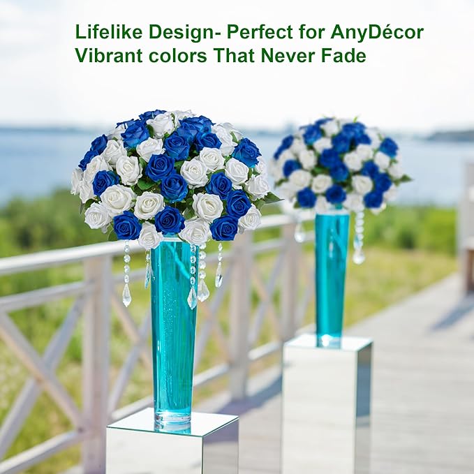 Artificial Flowers Roses Touch Fake Rose Bouquet Flower Stem For Wedding Centerpieces Diy Wreath Home Decorations Silk Roses Mothers Party Fake Outdoor Flowers Decor 19.6"(White & Blue 50PCS)