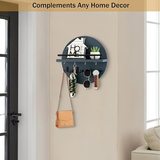 Key Holder for Wall Decorative with Shelf and Hooks, Mail Organizer Wall Mount with Sunglasses Holder, Circular Design Entryway Key Rack Hanger, Rustic Home Decor