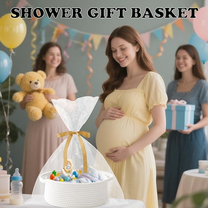 3 Pack Small Woven Rope Basket-Empty Gifts Basket with Bag and Ribbons,Cute Handle Organizer Box for Birthday/Baby Shower, Toy Storage, Nursery Organizing & Shelf Decor(White)