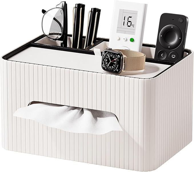 KINGFOM Leather Tissue Box Cover with Storage Tray, Decorative Tissue Box Holder Organizer for Office Desk, Bedroom & Nightstand, Remote Control Holder for Perfume, Watch, Glasses, Pens (Ivory White)