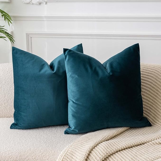 JUSPURBET Throw Pillow Covers Set of 2 Decorative Velvet Pillow Covers for Couch Sofa Bed Soft Cushion Covers Cases with Invisible Zipper for Living Room Home Decor,Peacock Blue,14x14 inch