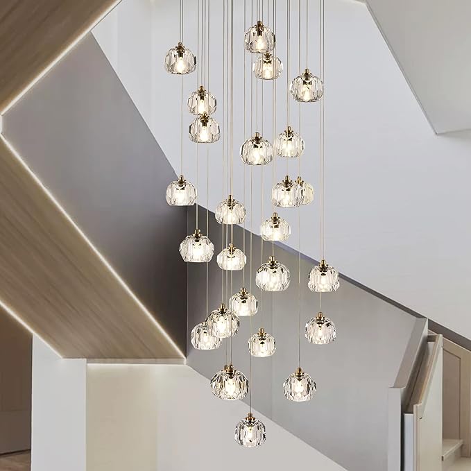 26-Light Crystal Chandeliers Long, 78W Staircase Raindrop Chandelier for High Ceiling Brass, Clear Crystal Pendants Large Ceiling Chandelier Lighting for Living Room Foyer