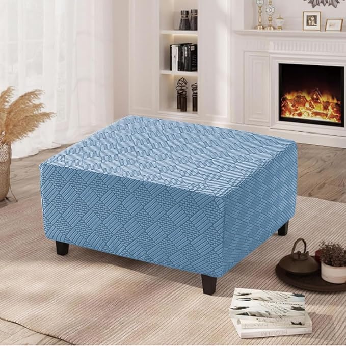 Square Ottoman Cover Large Stretch Storage Ottoman Bench Covers Slipcovers Cube Jacquard Covers for Square Ottomans Coffee Table Footrest Stool Cover with Elastic Bottom L Blue