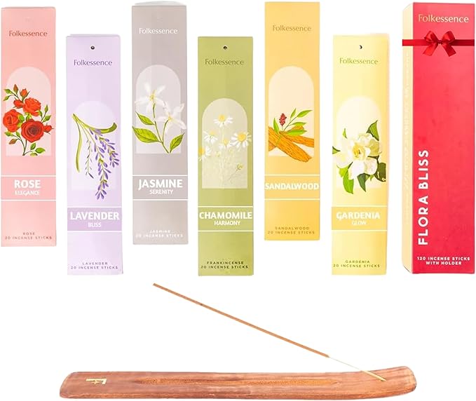 Folkulture Incense Sticks with Holder– Set of 6 (120 Sticks) | Organic, Non-Toxic, 45-Mins Burn Time | Sandalwood, Lavender, Rose, Chamomile & Jasmine Floral Insence- Sticks for Home & Room Fragrance