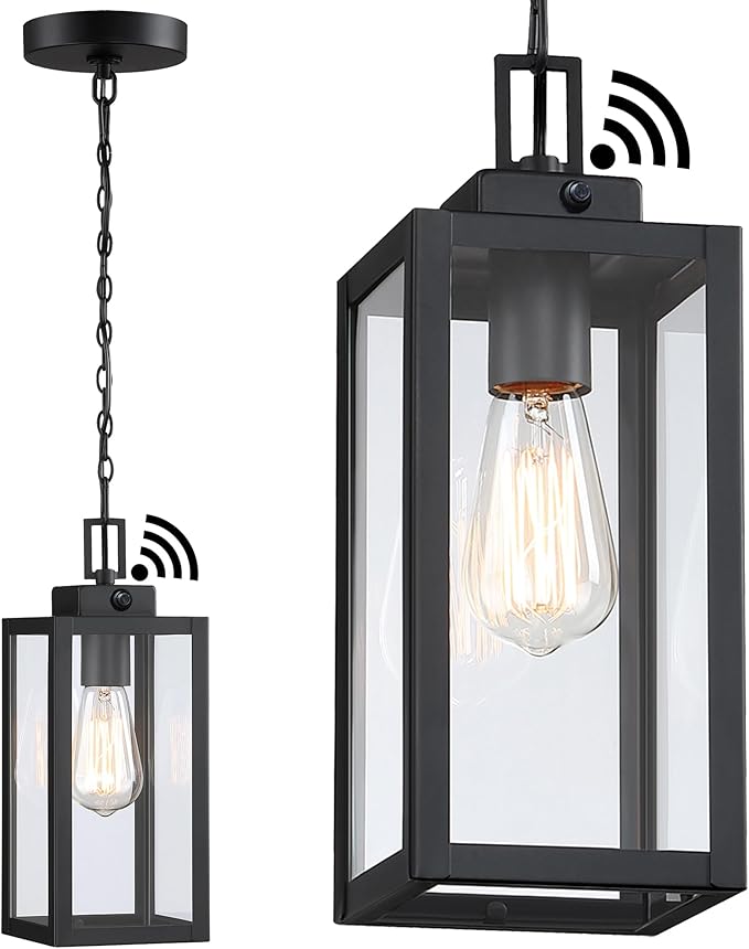13 Inch Outdoor Pendant Light Dusk to Dawn Hanging Porch Light for Entrance Front Door Photocell Pendant Lights for Porch Dusk to Dawn Hanging Lantern Steel and Glass,E26