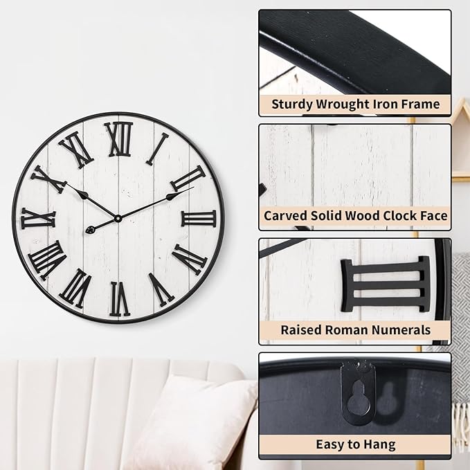 MODE HOME Large Rustic Wooden Wall Clock, 24 Inch Whitewashed Farmhouse Wall Clock with Carved Roman Numerals, Silent Battery Operated Round Vintage Clock for Living Room, Kitchen, Bedroom, Study Room