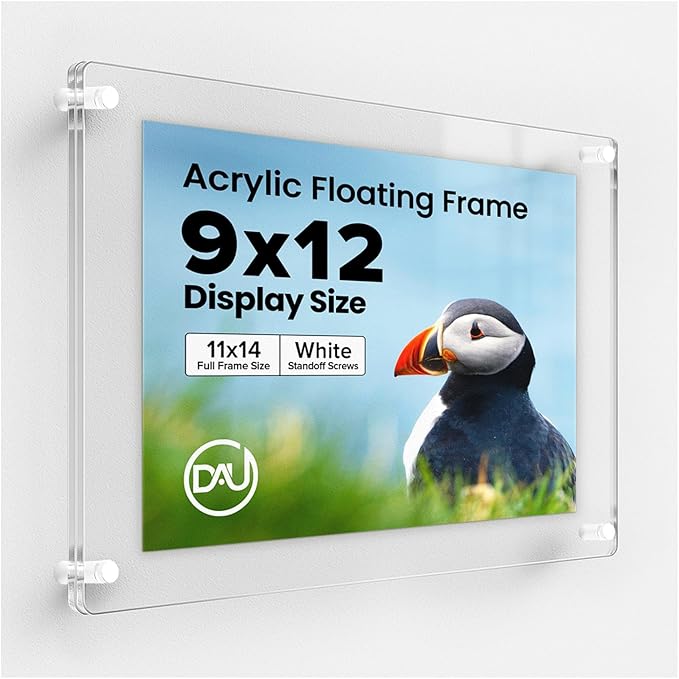 Acrylic Floating Frames White Standoffs (single) 9" x 12" Clear Acrylic Frames for Wall Mount Floating Picture Frame, Diploma Poster Certificate Hanging Photo Display Degree Prints Artwork Documents