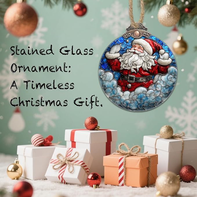 Stained Glass Christmas Decorations, Red Man Santa Claus Blue Cloud Suncatcher for Window Christmas Tree Hanging Ornaments Sun Catcher Xmas Decor Gifts for Women Men Mom Nana Friend