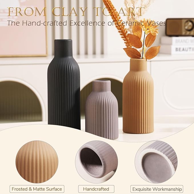 Ceramic Vase Set of 3 - Handcrafted Ceramic Vases for Home Decor & Shelf - Modern Farmhouse Decor for Kitchen, Office, Bedroom & Living Room Decorative Objects for Mantel, Table Centerpieces