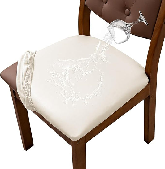 Waterproof PU Leather Seat Covers for Dining Room Chairs Set of 2, Stretch Dining Chair Slipcovers, Kitchen Chair Seat Covers, Non-Slip & Washable (Beige)