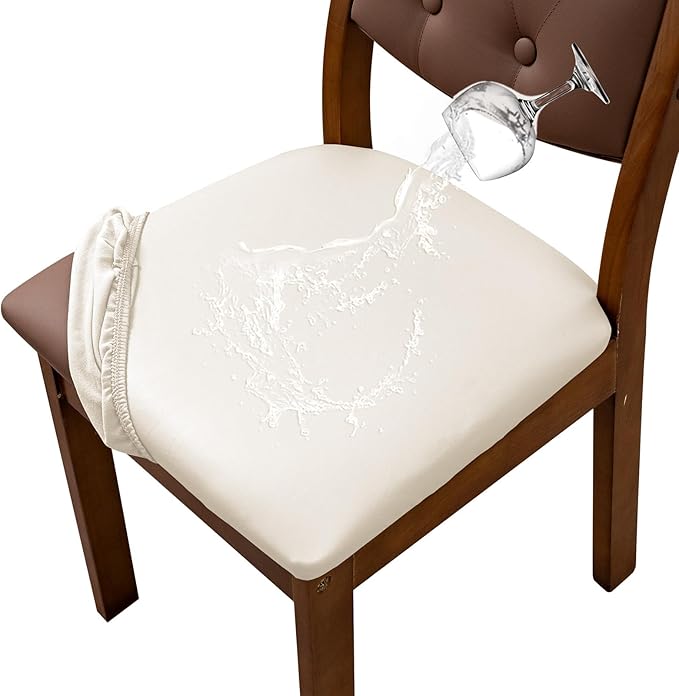 Waterproof PU Leather Seat Covers for Dining Room Chairs Set of 6, Stretch Dining Chair Slipcovers, Kitchen Chair Seat Covers, Non-Slip & Washable (Beige)