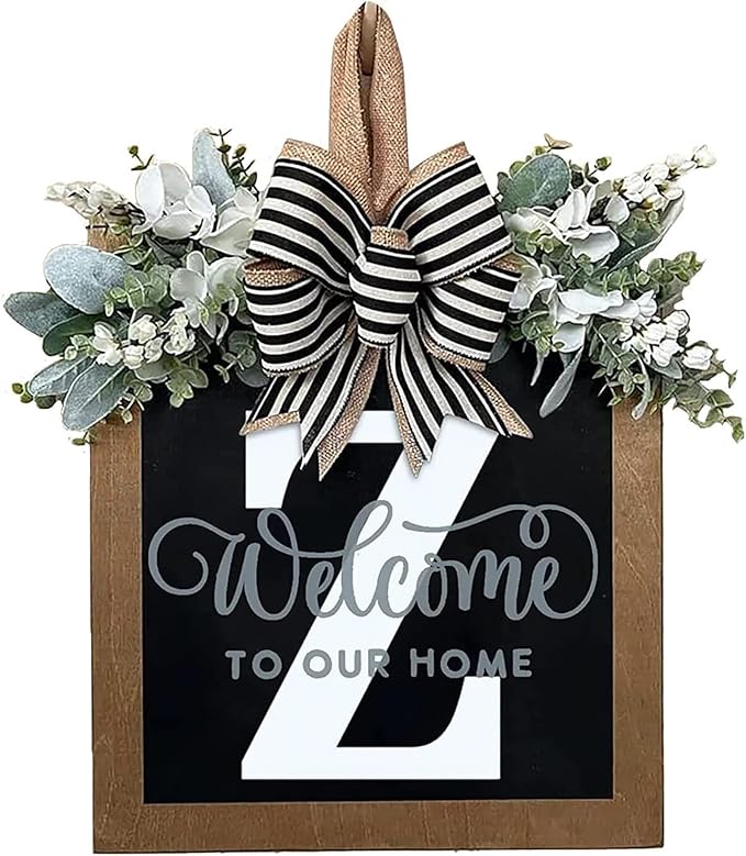 Last Name Year Round Front Door Wreath Front Porch Decoration 26 Letter Welcome Sign with Eucalyptus Garland and Bow Spring Wreaths for Front Door Outside Hanger Garland（Z）