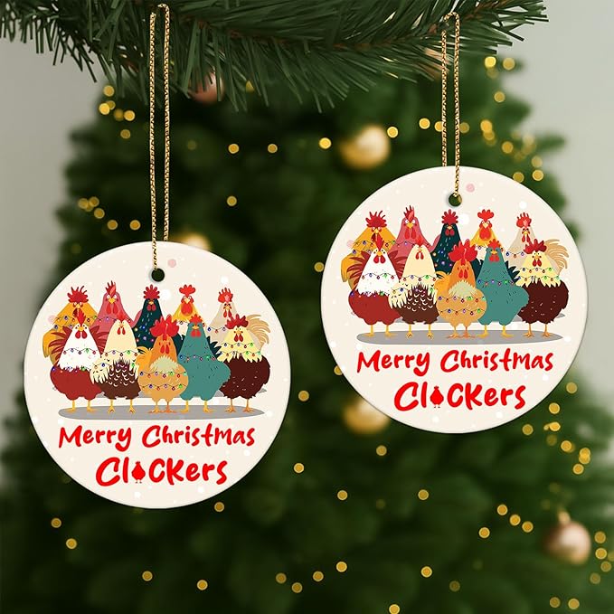 Funny Chicken Ornament 2025 – Ceramic Merry Christmas Flockers Xmas Hanging Farmhouse Hen Rooster Holiday Tree Decoration Gift
