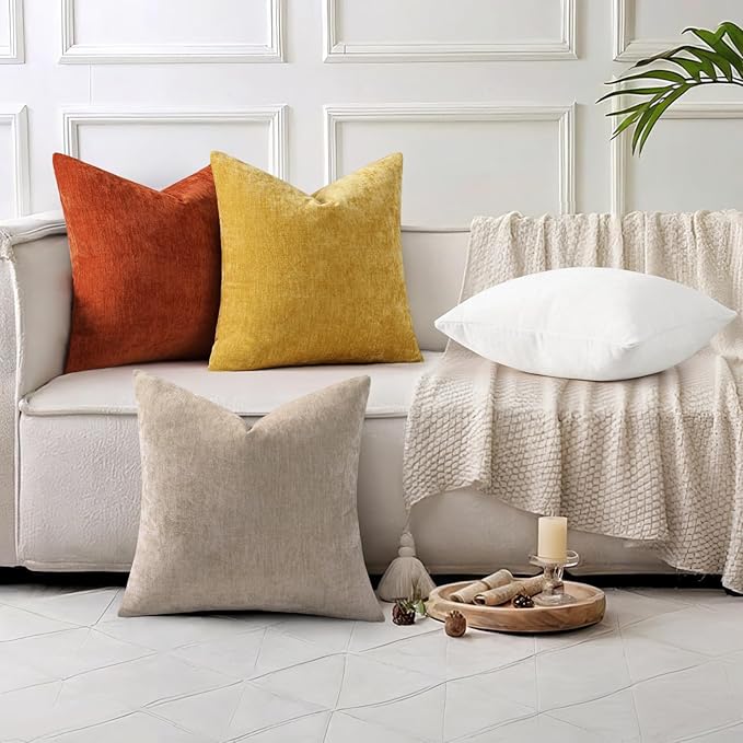 decorUhome Chenille Mineral Yellow Christmas Throw Pillow Covers 20x20 Inch Set of 2, Decorative Soft Couch Pillow Covers Solid Dyed Accent Farmhouse Neutral Square Pillow Cases for Sofa