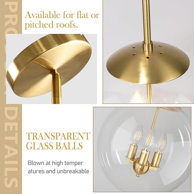 13.7" Globe Pendant Light Contemporary Globe Pendant Lights Kitchen Island 3 Light Gold Mid Century Pendant Light Clear Glass with Brass Finish Adjustable Hanging Light Fixture for Dining Room