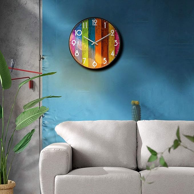 Silent Non-Ticking Wall Clock Colorful Multicolour Analog Large Display Mid Century Modern Battery Operated Quiet Unique Clock Vintage Decor for Living Room Garage Kitchen Kids Room Bathroom 12inch