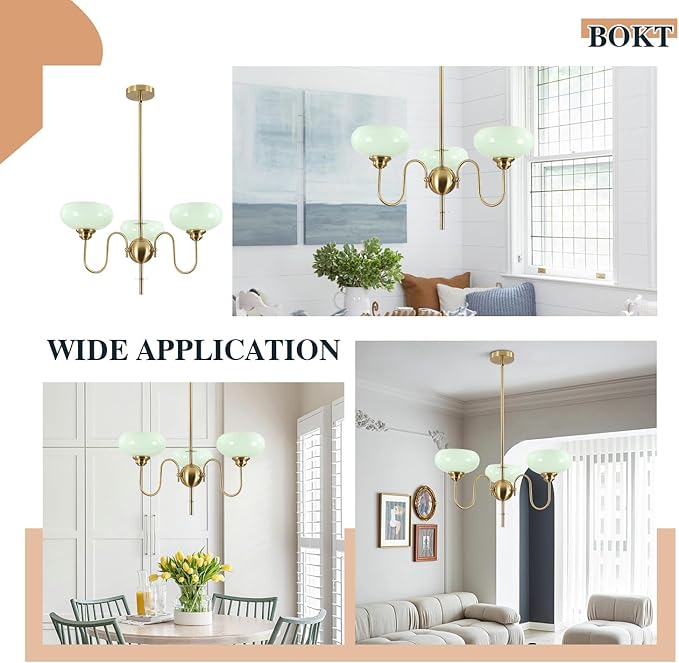BOKT Green 3-Light Sputnik Chandelier Mid Century Modern Pendant Light Fixture with Glass Globe Lampshade Brass High Ceiling Chandelier Gold Pendant Ceiling Light for Living Room Island Farmhouse