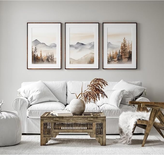Neutral Mountain Wall Art Decor Set of 3 Forest Canvas Wall Art Poster Landscape Wall Art Artwork Modern Pictures Abstract Painting Watercolor Prints for Living Room Bedroom 24x36 Inch Unframed