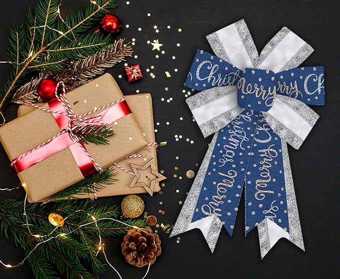 ABTOLS 2PCS Christmas Wreath Bows, Sliver Glitter Bows for Wreath Xmas Dot Decor Bow for Front Door Blue Tree Topper Bows for Winter New Year Wall Ornaments Home Indoor Outdoor Decor