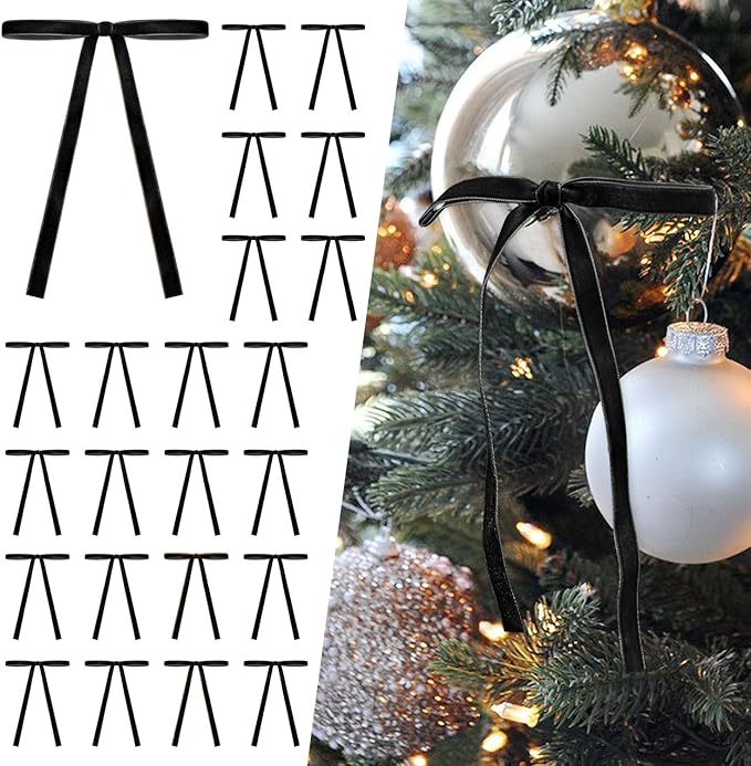 SIMISI RIBBON 24Pcs Black Christmas Velvet Ribbon Bows Decorations Xmas Ornaments Vintage Decor for Tree, Wreath, Garland (3/8'' Width, 5 * 7 inch)