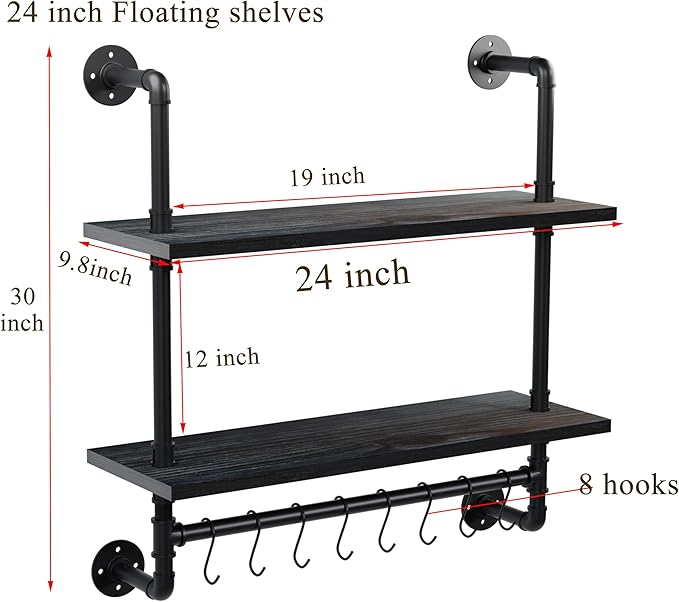 ROGMARS Industrial Pipe Bathroom Shelves Shelving,24" Black Floating Shelves for Bathroom with Towel Bar Hooks,Kitchen Wall Mounted Shelves Coffee Bar Shelf for Living Room Bedroom