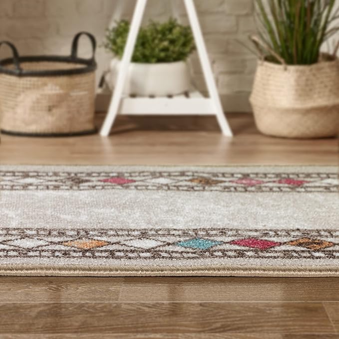 Antep Rugs Alfombras Modern Bordered 2pc Non-Skid (Non-Slip) Low Profile Pile Rubber Backing Indoor Kitchen Runner Rugs (Beige, 2pc Set)
