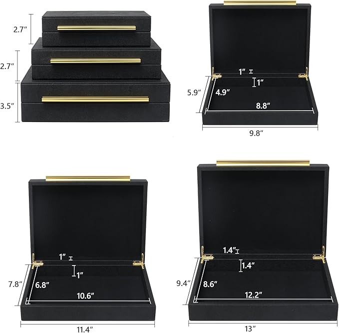 Faux Shagreen Decorative Storage Boxes – Set of 3 Stackable Jewelry Organizers with Gold Metal Handles & Velvet Lining, Modern Black Box for Vanity, Entryway & Coffee Table Décor