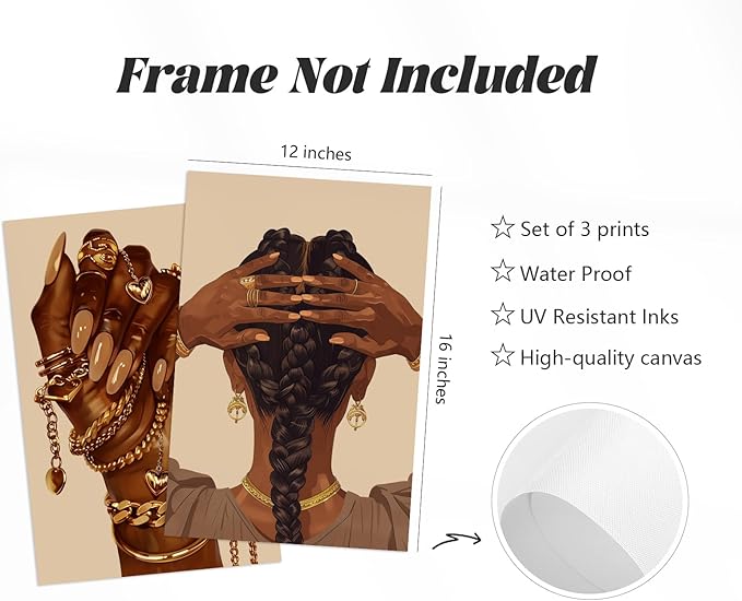 Pouydmi Black Girl Wall Art African Woman Canvas Wall Decor Black Women People Art Painting Gold Fashion Poster African American Girl Pictures for Bedroom Living Room 12x16x3 Inch Unframed