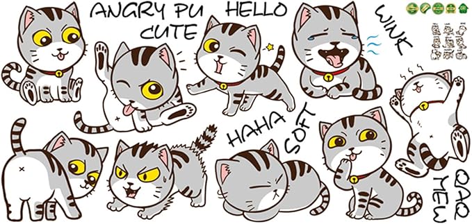 Adorable Cartoon Cat Expressions Wall Decals – Removable Vinyl Stickers with 9 Cute Emotions and Poses, Funny Cat Wall Art for Bedroom, Living Room, Office, or Home Decoration