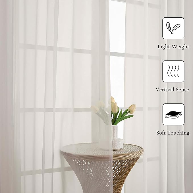 Lecloud Ivory Sheer Curtains 90 Inches Long 2 Panels, Light Filtering Airy Voile Curtain Drapes, Extra Wide Elegant Window Treatments for Living Room Bedroom with Dual Rod Pocket, 59" W x 90" L