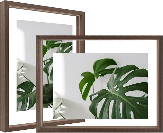Egofine 9x12 Floating Frames Set of 2, Double Plexiglass Picture Frame, Made of Solid Wood Display Any Size Photo up to 9x12, Wall Mount or Tabletop Standing, Brown