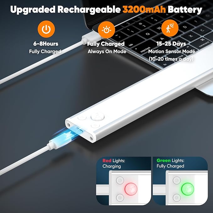 Brightever Under Cabinet Lights, 14-Inch Rechargeable Battery Operated Motion Sensor Lights Indoor, 3200mAh Wireless Magnetic Dimmable Under Closet Counter Night Lights for Kitchen Stair, 3 Packs