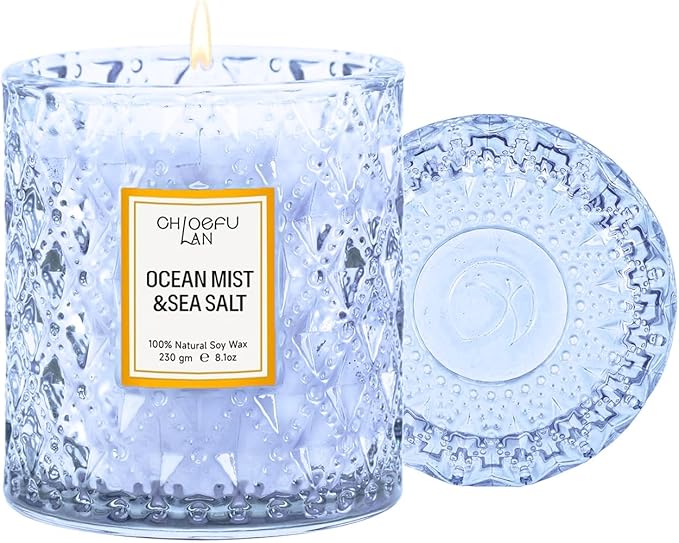 Chloefu LAN Ocean Mist & Sea Salt Scented Candle Large Luxury Soy Jar Candles with up to 55 Hour Long Lasting, Highly Scented, 8.1oz