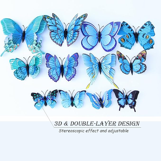 Butterfly Wall Decor 72 PCS, 3D Butterflies Stickers for Party Decorations with Magnets(Blue, 72)
