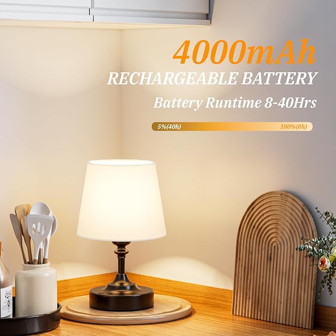 Kakanuo Mini Cordless Table Lamp Black - 1 Pack 4000mAH Battery Operated Lamp for Decor, 3000K Stepless Dimming Touch Control Rechargeable Lamp for Bedroom, Dining Table, Counter, Living Room