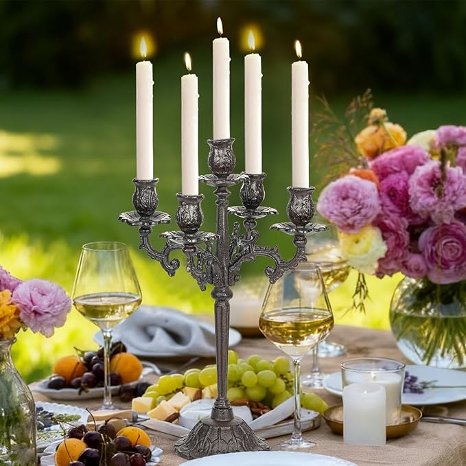 Sungmor Heavy Duty Cast Iron Candlestick Holders - Handcrafted Vintage Candelabra - 17Inch Tall & 5 Arms Candle Holders - Decorative Pillar Candle Stand for Christmas Birthday Wedding Home Party
