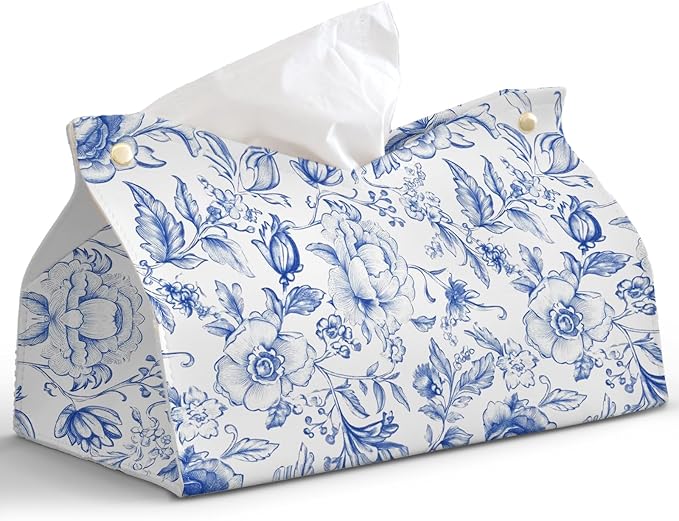 Blue Chinoiserie Tissue Box Cover Rectangle,Blue and White Floral Toilet Paper Box Holder,PU Leather Decorative Facial Paper Case for Living Room Bathroom Kitchen Office Desk,9.8x5.9x5.9In