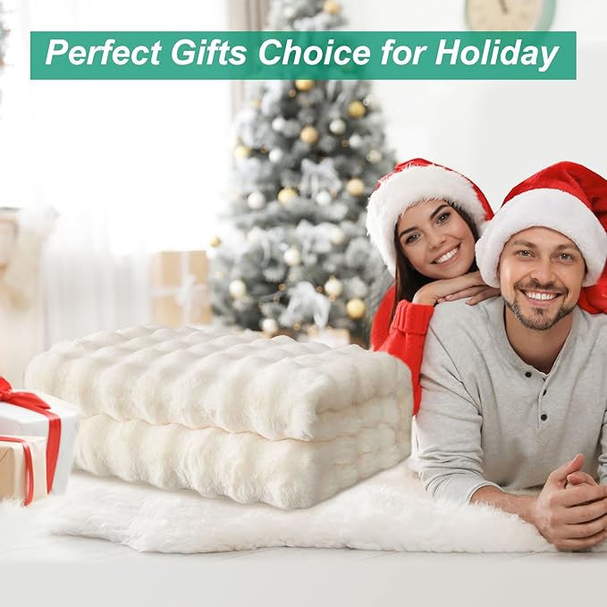 Fluffy Blanket White - Soft Throw Blanket for Couch, Fuzzy Plush Rabbit Faux Fur Blanket, Cute Cozy Blankets for Women, Thick Bubble Blankets for Bed Sofa Bedroom Living Room - 51" x 63"