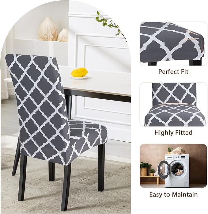 SearchI Dining Room Chair Covers Set of 2, Stretch Geometric Parsons Chair Slipcovers Spandex Removable Washable Kitchen Chair Protector Cover for Dining Room, Hotel, Ceremony (Gray+White)