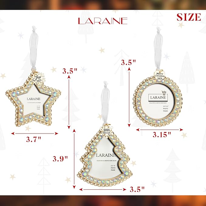 Laraine Christmas Tree Ornaments 3 Pieces – Decorative Hanging 2025 Rhinestones Pendant with Small Picture Frame Insert for Pet Holiday Keepsake Gift (Gold (2025))