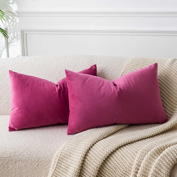 JUSPURBET Rose Red Lumbar Velvet Throw Pillow Cover 16x24 inch Set of 2,Decorative Soft Solid Cushion Cases for Couch Sofa Bed