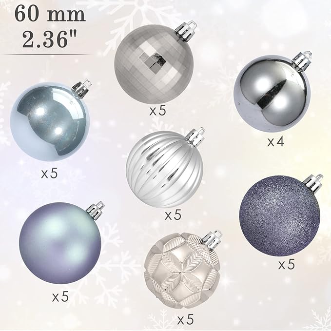 AMS 2.36''/60mm 34ct Christmas Ball Large Ornaments Party Decorations Shatterproof Festival Pendant Hangings for Xmas Tree Decor (60mm, Grey)