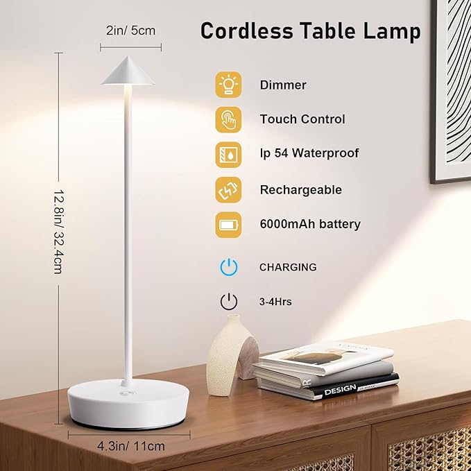 Rechargeable Cordless Table Lamp, 6000mAh LED Battery Operated Desk Lamp Touch 3 Color Stepless Dimming Portable Outdoor Waterproof Table Light for Patio/Restaurant/Dining/Home (White)